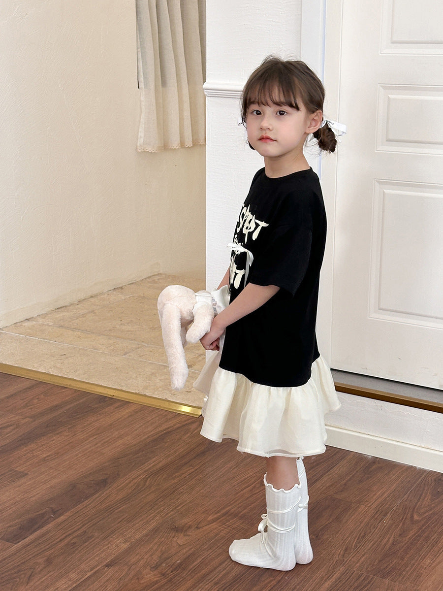 Fashionable T-shirt Bow Short-sleeved Letter Fake Children's Dress