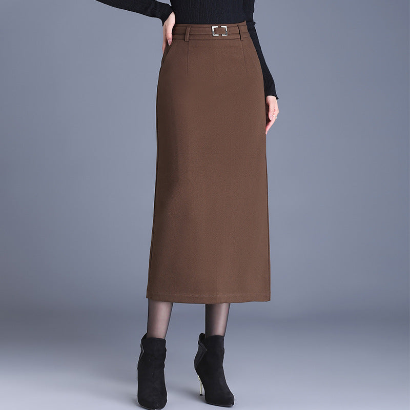 Women's Elegant Woolen Straight High Waist Commuting Figure Flattering Sheath Mid-length Skirt