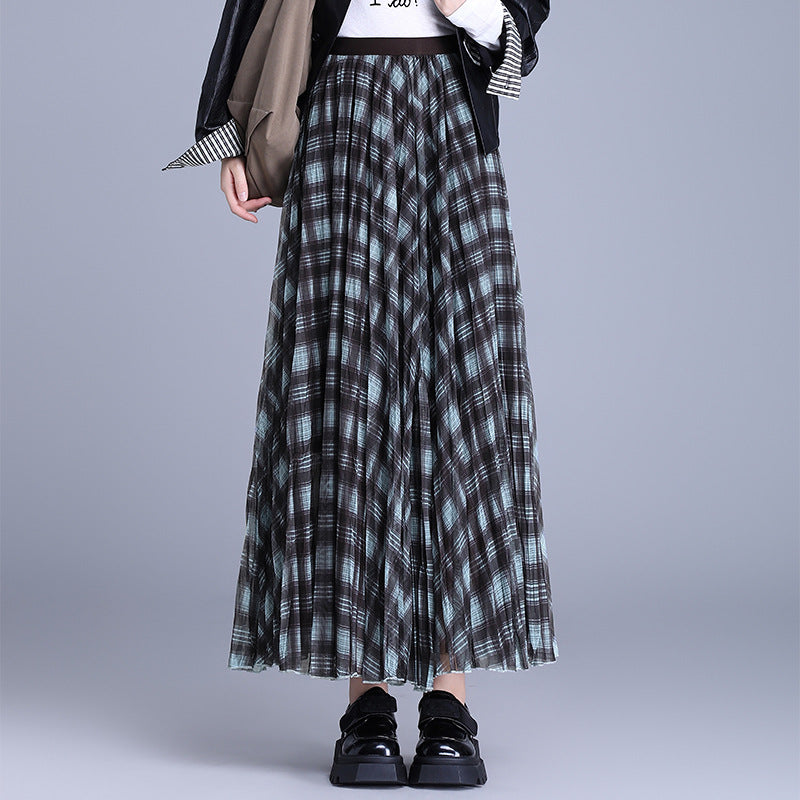Korean Style Pleated Rhombus Encryption Yarn Elastic Waist High Skirts