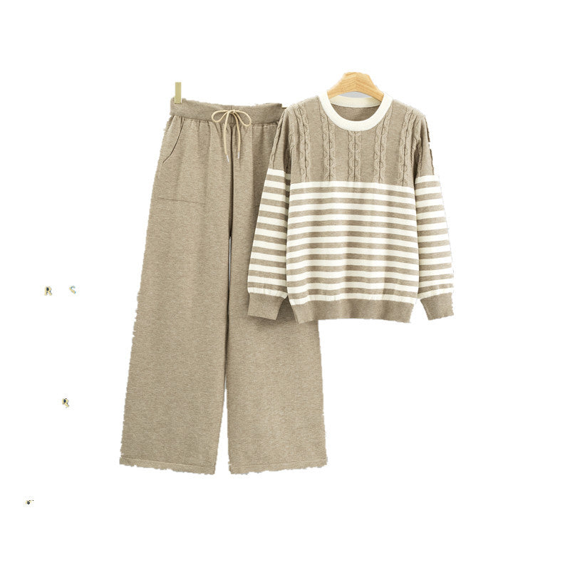 Women's Elegant Striped Pullover Cable Loose-fitting Wide Leg Pants