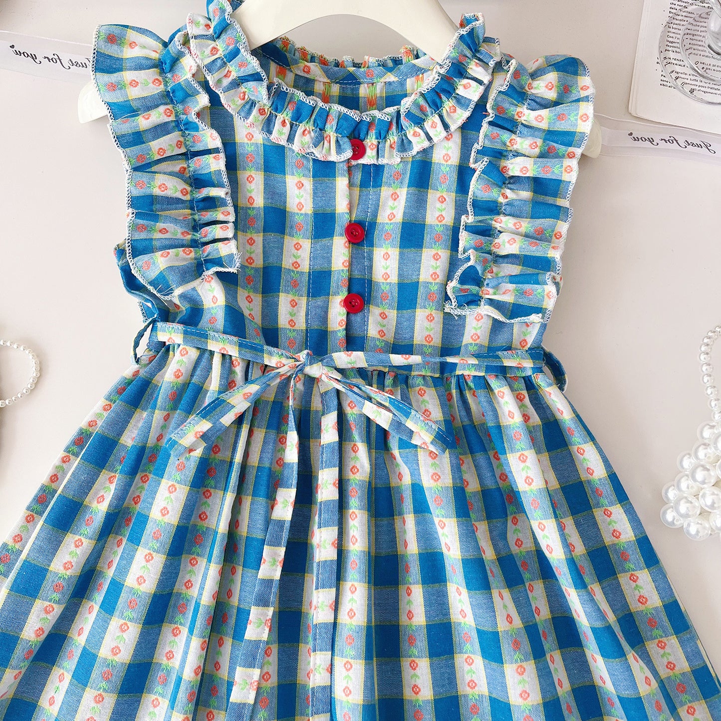 Plaid Vest Small Flounced Sleeve Summer Children's Dress