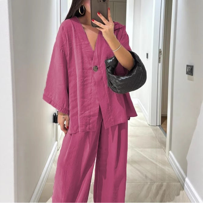 Women's Button Loose Long Sleeve High Waist Fashion Casual Suit