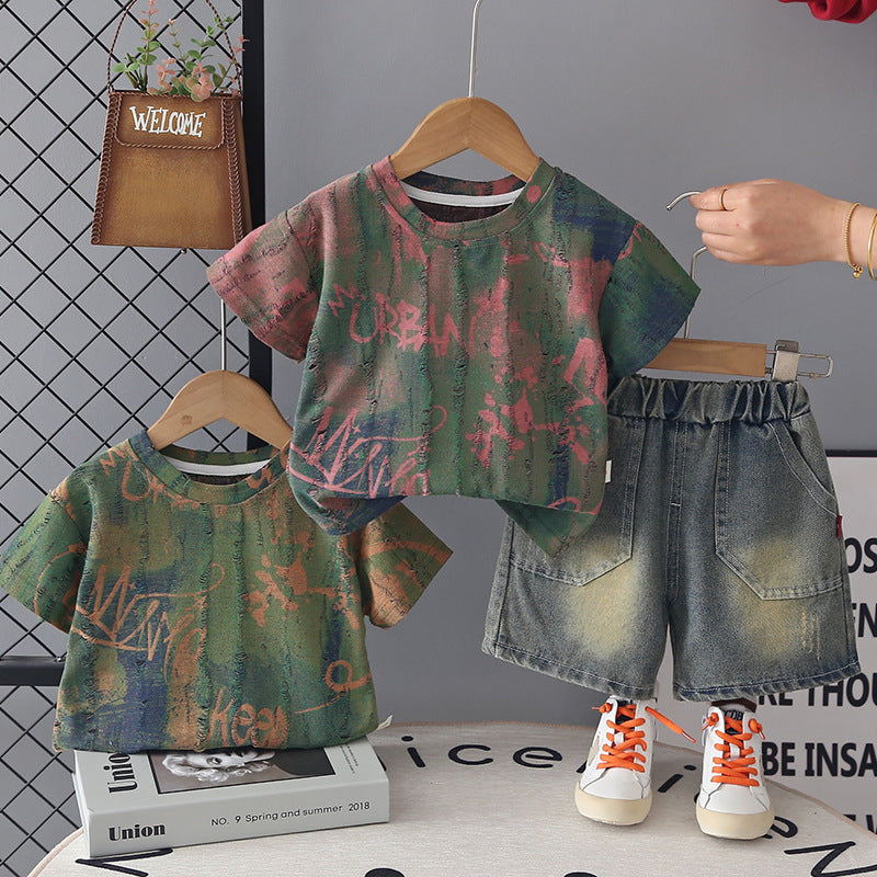 Children's Trendy Clothing Summer Blooming Letters Short-sleeved Handsome Children's Suit