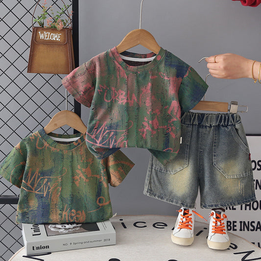 Children's Trendy Clothing Summer Blooming Letters Short-sleeved Handsome Children's Suit
