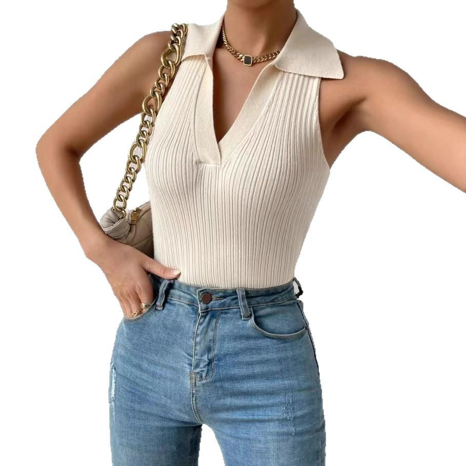 Women's Summer Solid Color Collar Casual Slim Sleeveless Knitted Shorts