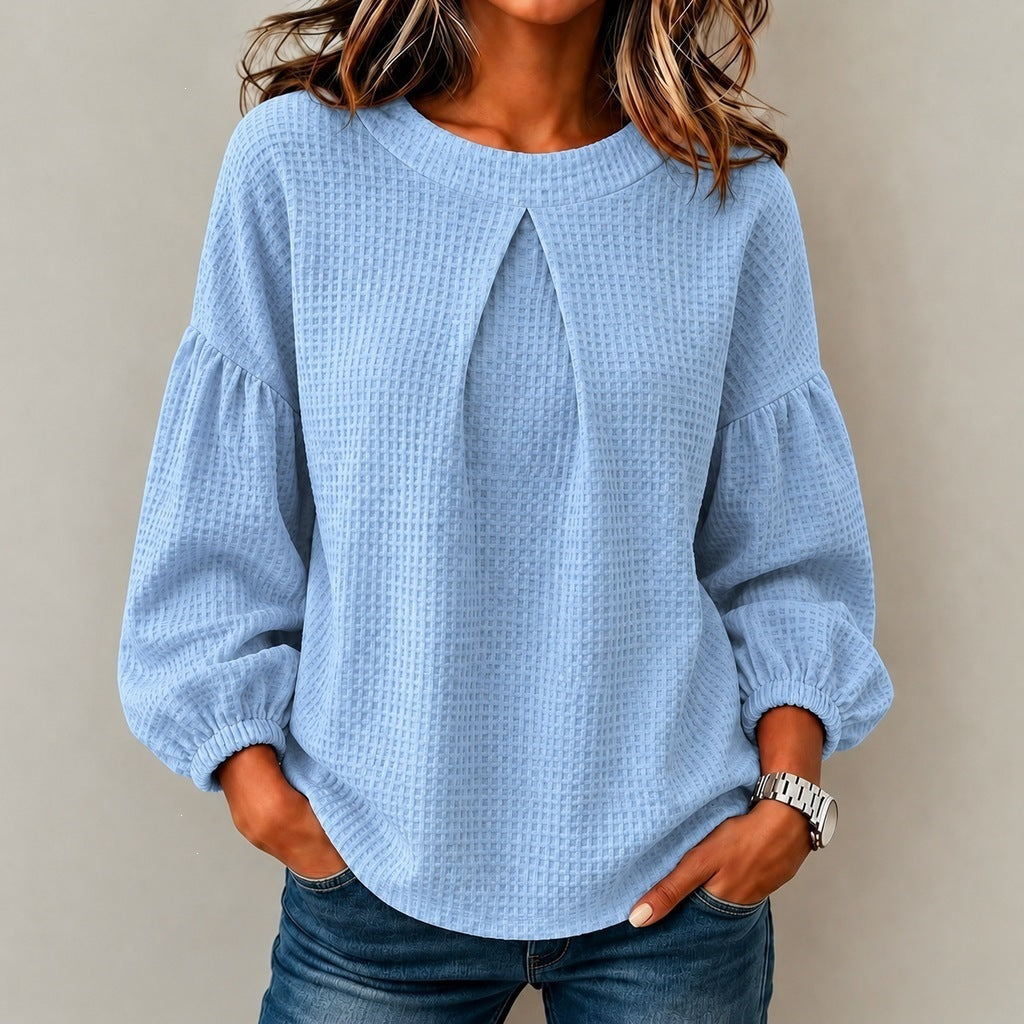 Women's Patchwork Puff Sleeve Waffle Round Neck Solid Color Tops