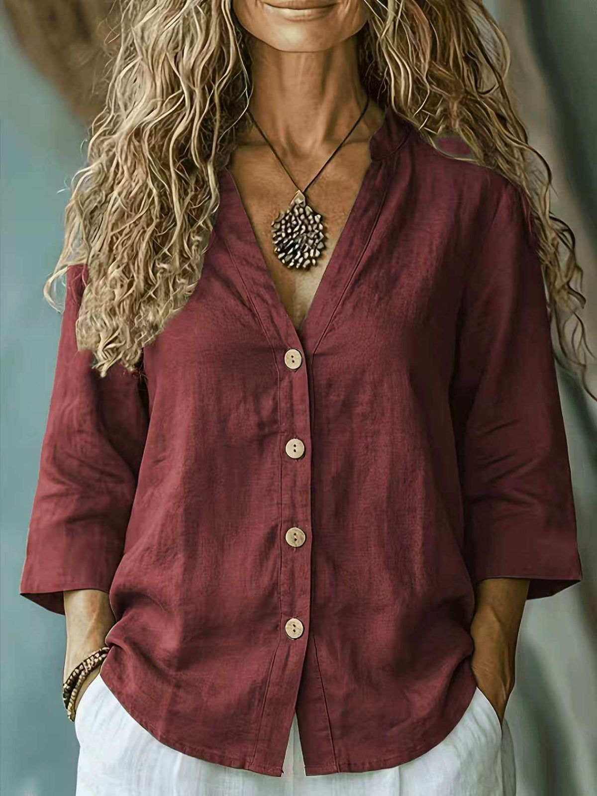 Women's Autumn Casual Loose Collar Button Linen Blouse