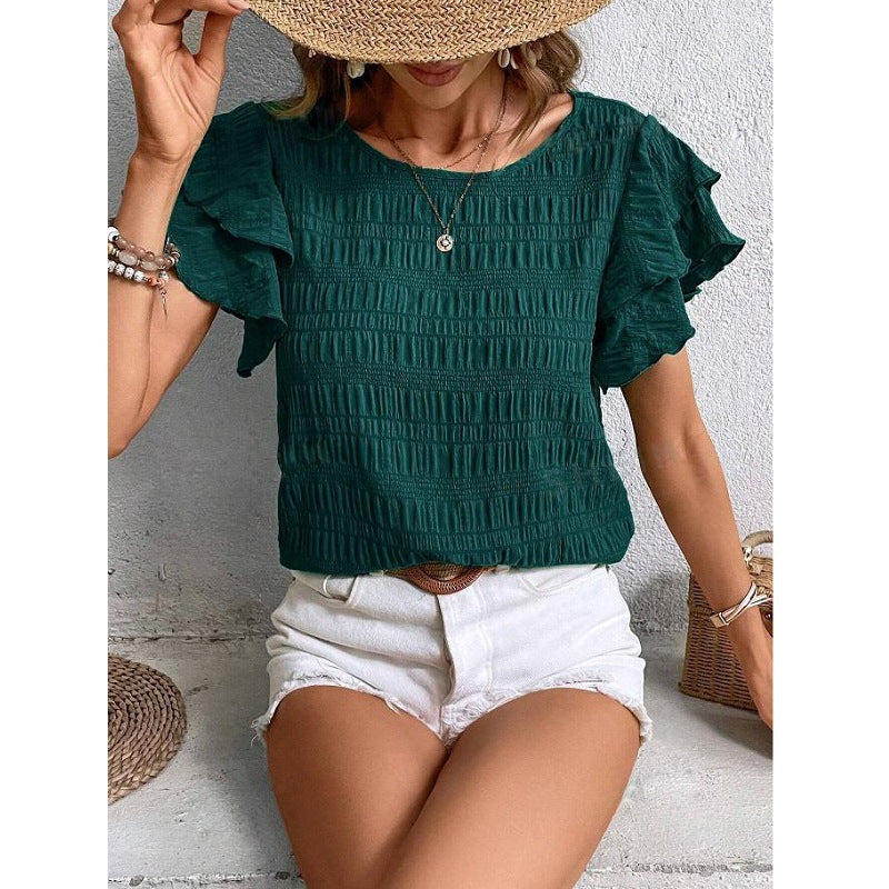 Women's Round Neck Double Ruffle Sleeve Casual Tops