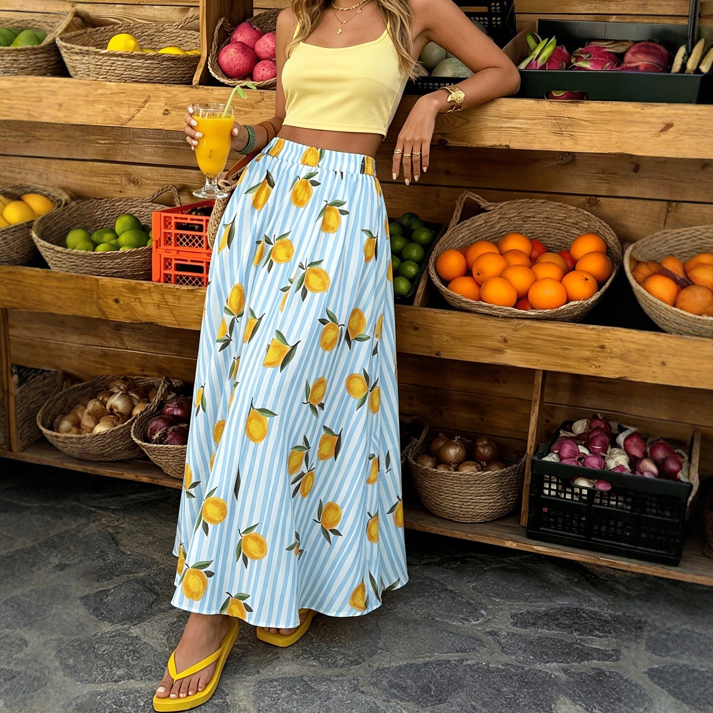 Women's Fruit Printed A- Line Loose Beach Skirt