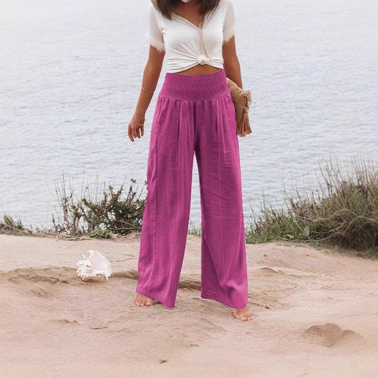 Women's Solid Color Elastic Waist Wide Leg Trousers Casual Pants
