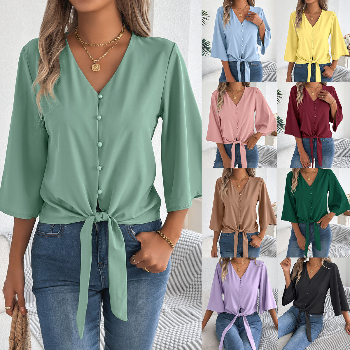 Women's Casual Button Three-quarter Sleeve Knotted Lace Shirt, Chiffon Shirt