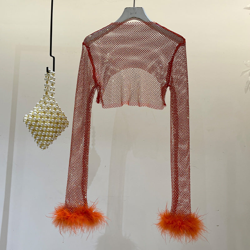 Fashion Rhinestone Long Sleeve Shiny Cuff Ostrich Tops