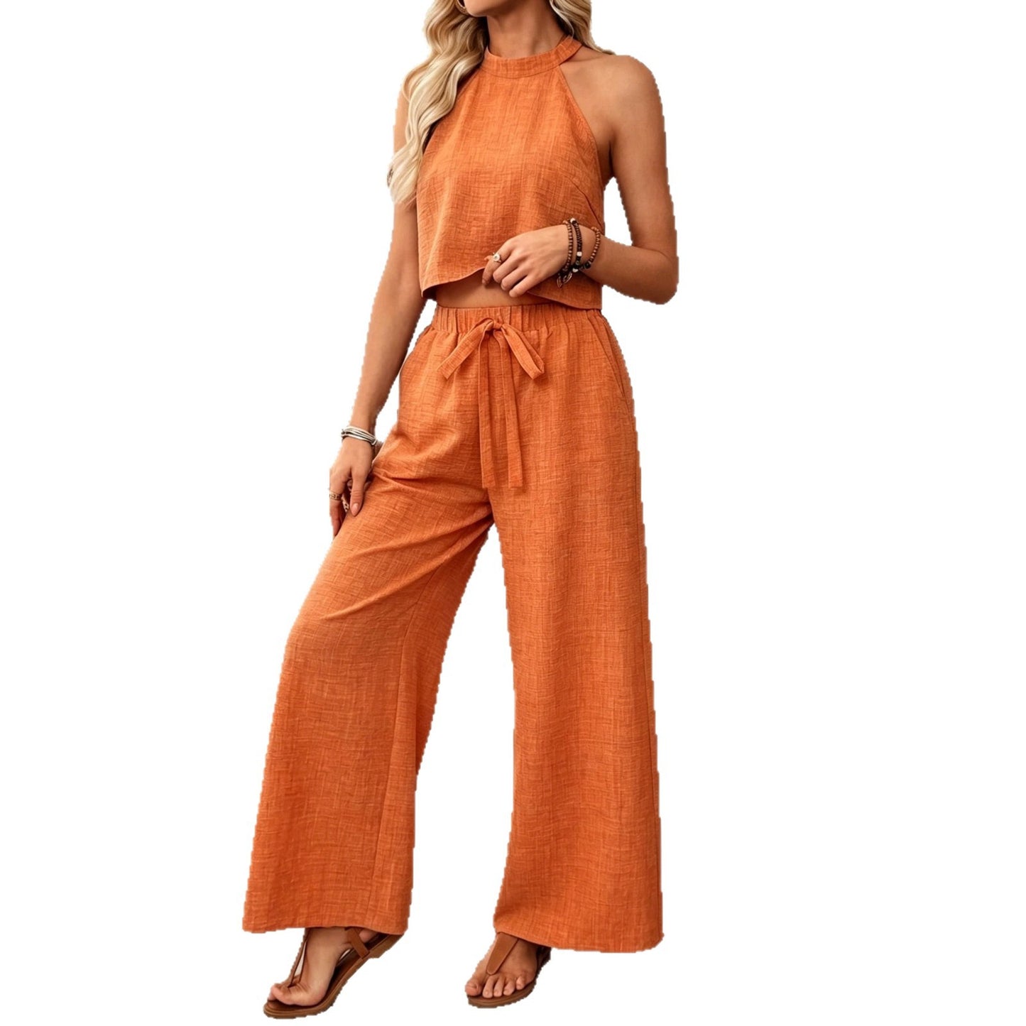 Women's Halter Sleeveless Wide Leg For Two-piece Fashion Casual Suit
