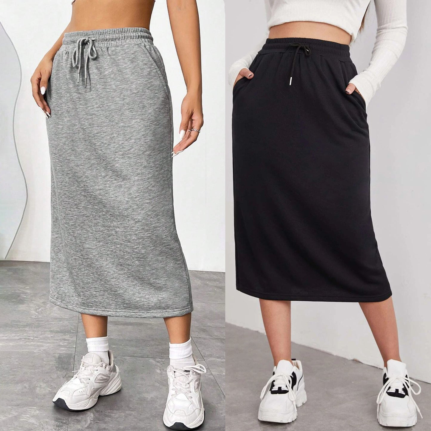 A- Line Pure Color Elastic Waist Mid-length Skirts