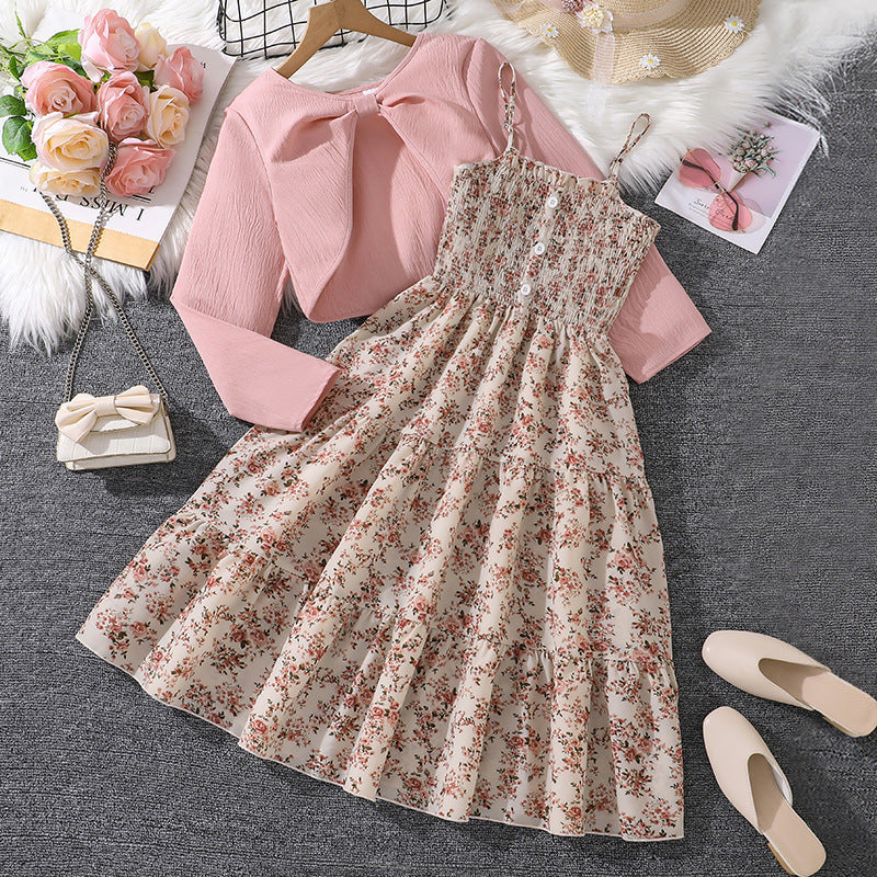 Children's Older Clothing Spring Sweet Floral Suspender Children's Suit