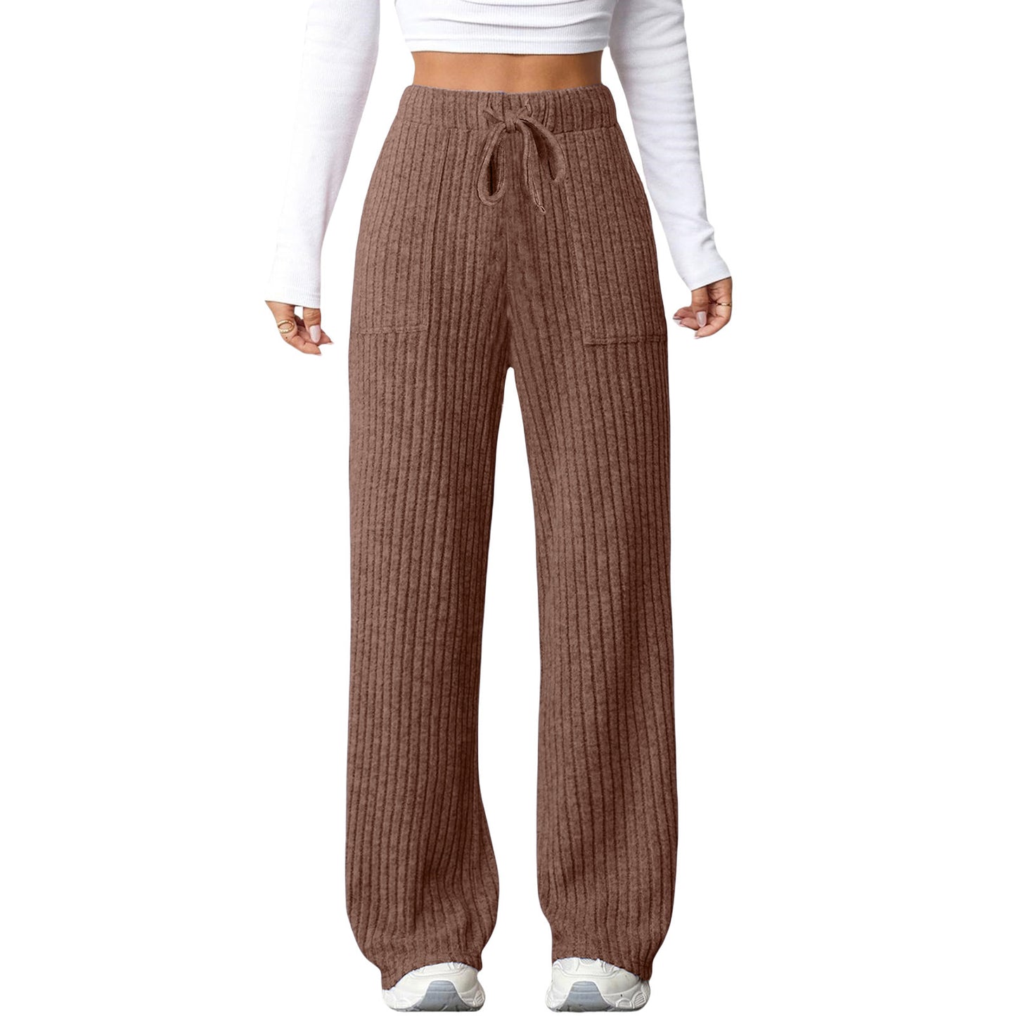 Women's Solid Color Rib Fabric Pocket Casual Pants