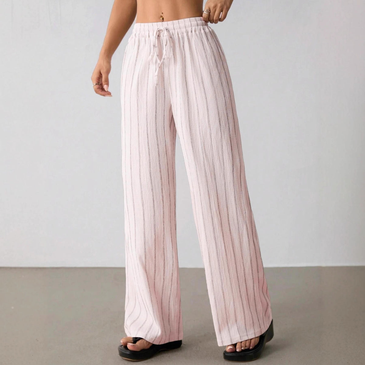 Women's Loose Striped Drawstring Elastic Waist Contrast Color Wide Leg Casual Pants