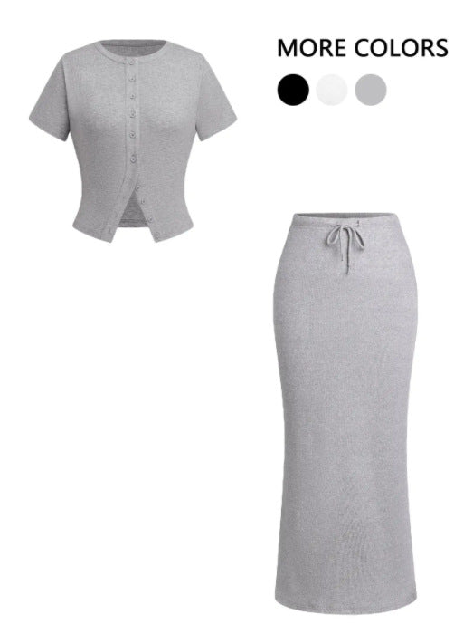 Summer Buttoned Short-sleeved Dress Female Ornament Fashion Casual Suit