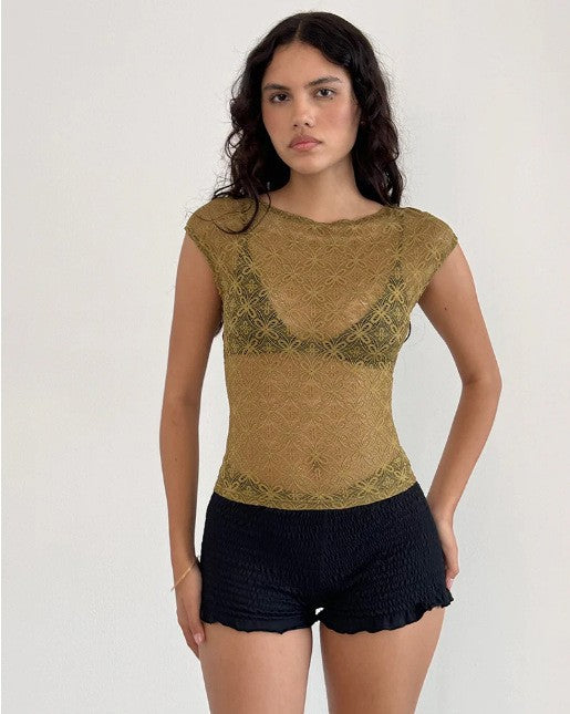 Women's Solid Color Splicing Pullover French Square Lace Shirt, Chiffon Shirt