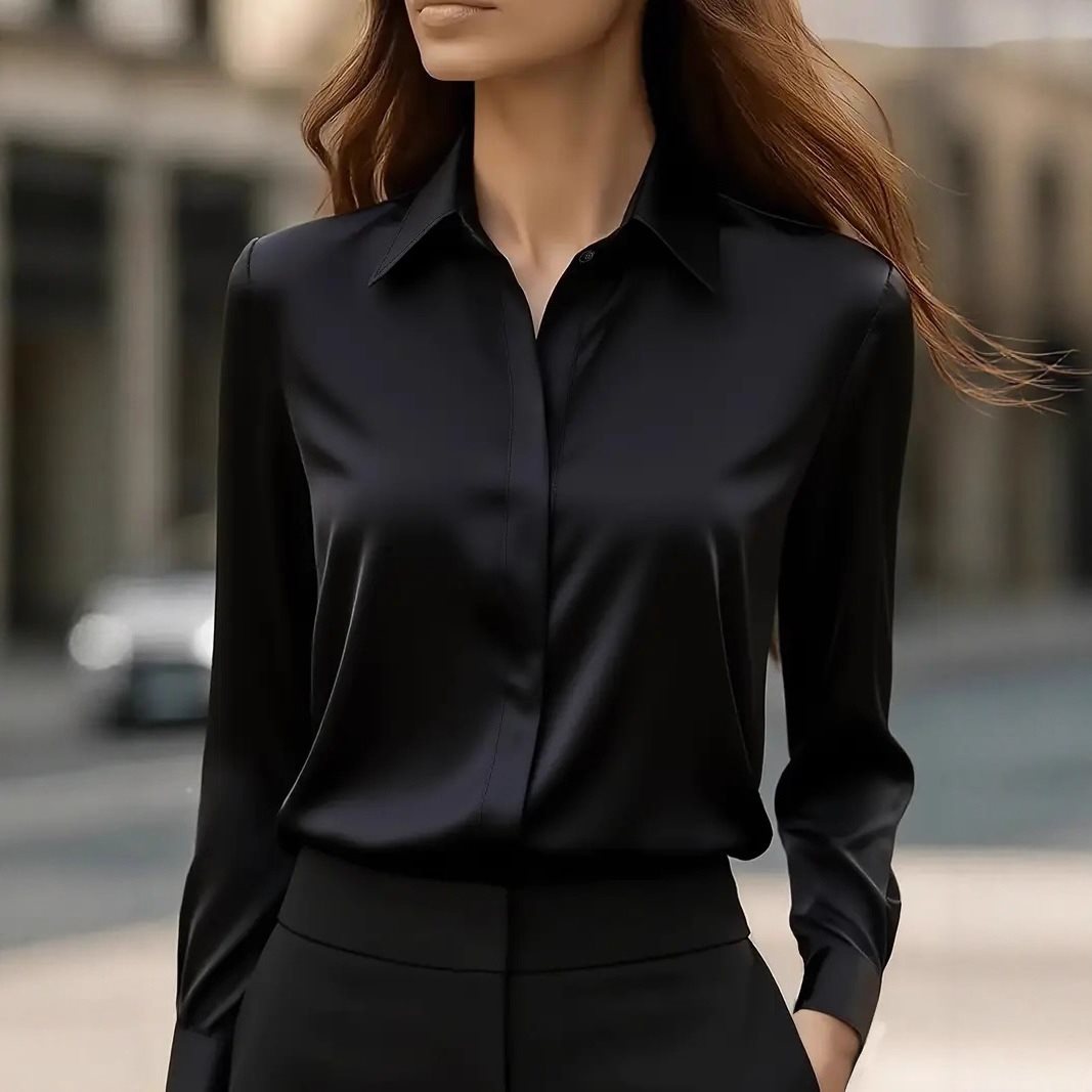 Women's Shirt Satin Lapel Long Sleeve Autumn Solid Blouse