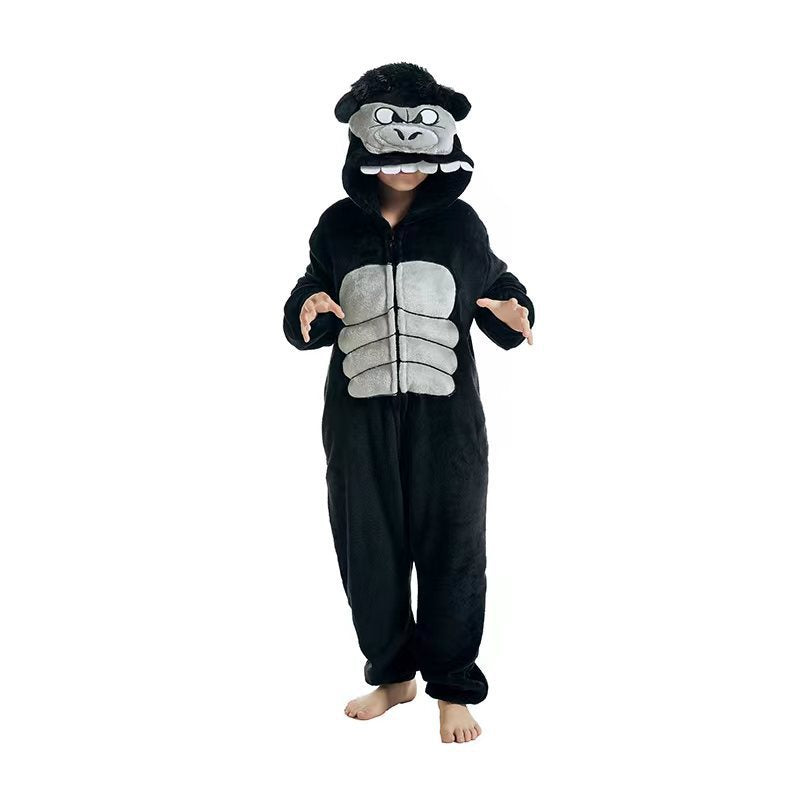 Children's Black Cat Leopard Print Flannel Cartoon One-piece Pajama Jumpsuit, Climbing Suit
