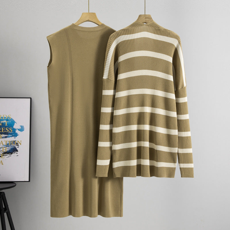 Women's Dress Autumn Loose Mid-length Striped Knitted Fashion Casual Suit