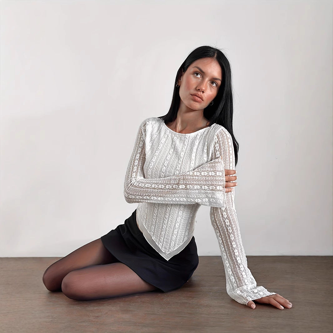 Summer Fashion Temperament Pure Color Long Lace Shirt, Chiffon Shirt