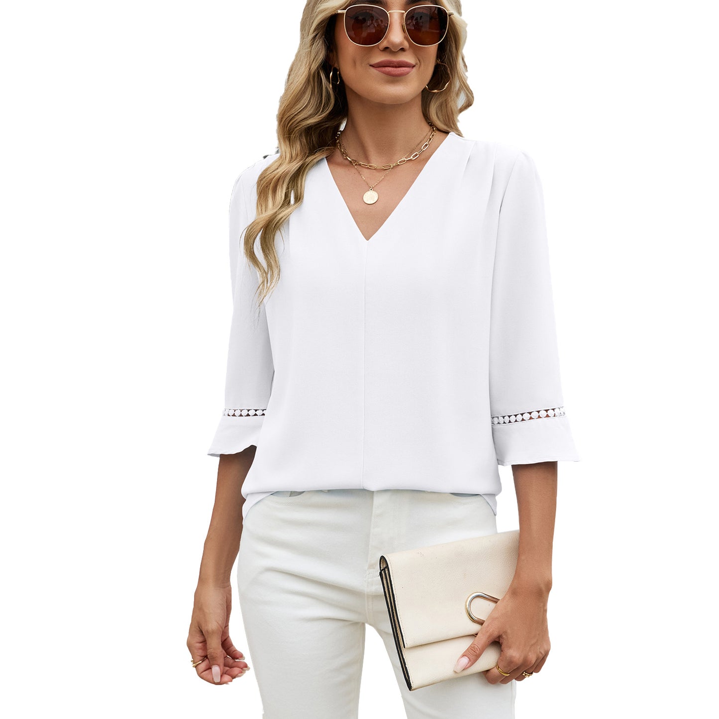 Graceful Women's Pleated Bell Sleeve Work Lace Shirt, Chiffon Shirt