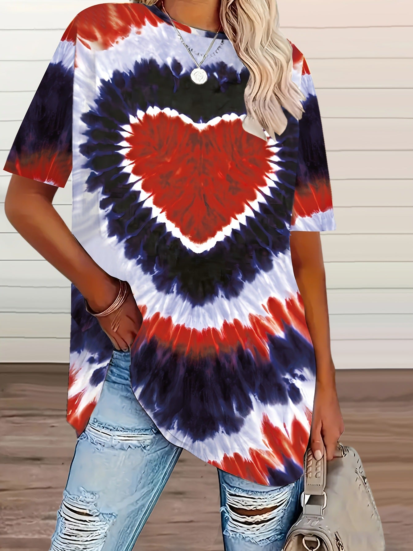 Classic Women's Heart Printing Casual Short-sleeved Large Size T-shirt