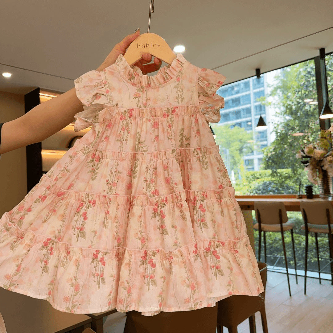Fashionable Floral Korean Style Cotton Vacation Princess Children's Dress
