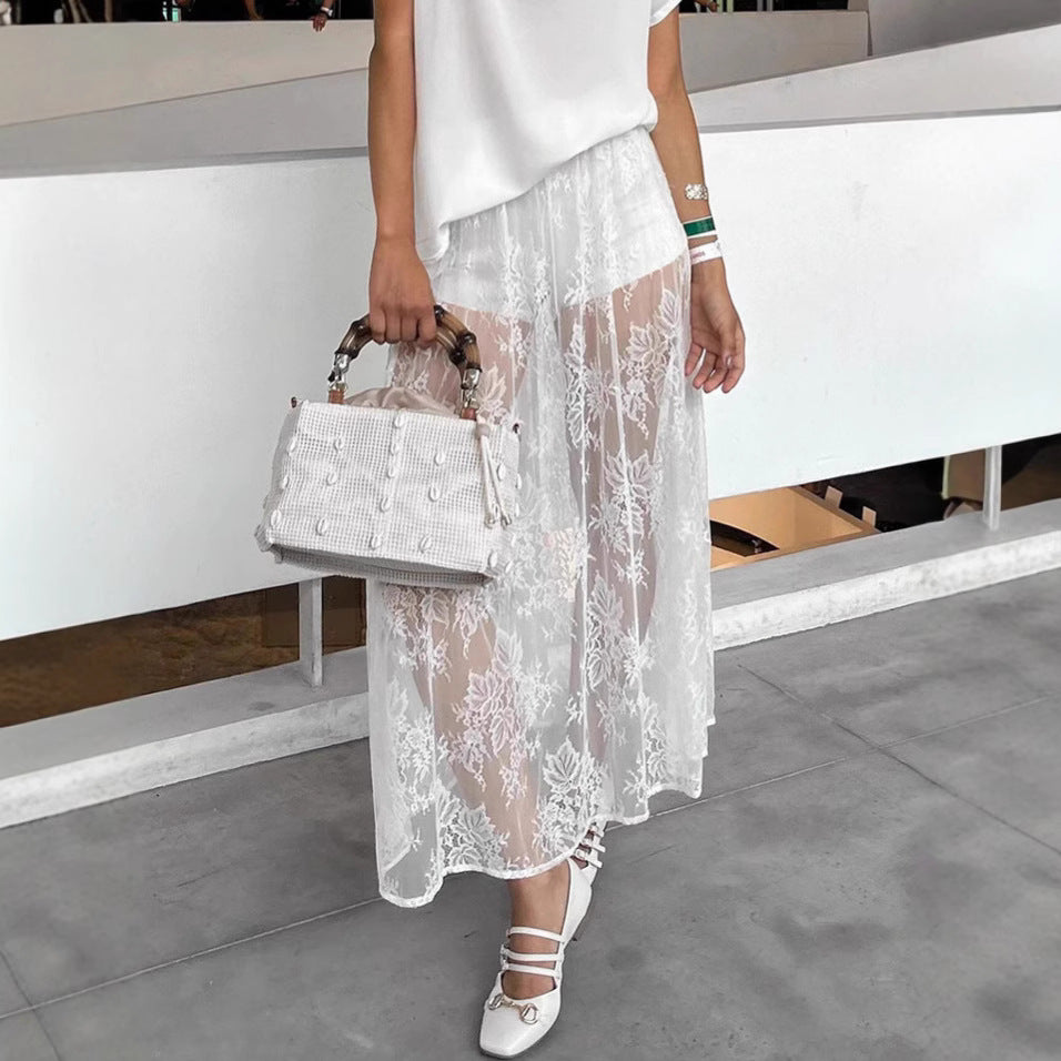 Sexy Brocade Lace White Jacquard Tutu Long Skirt