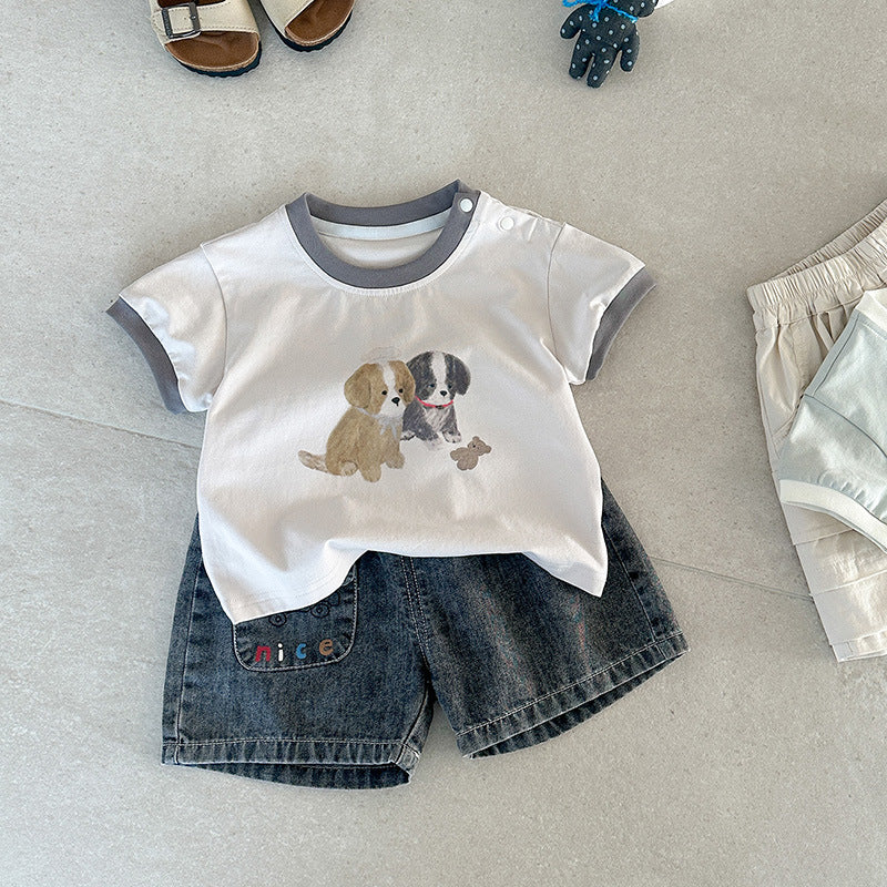 Summer Contrast Color Neckline Cartoon Print Short Sleeve Infant Versatile Children's T-shirt