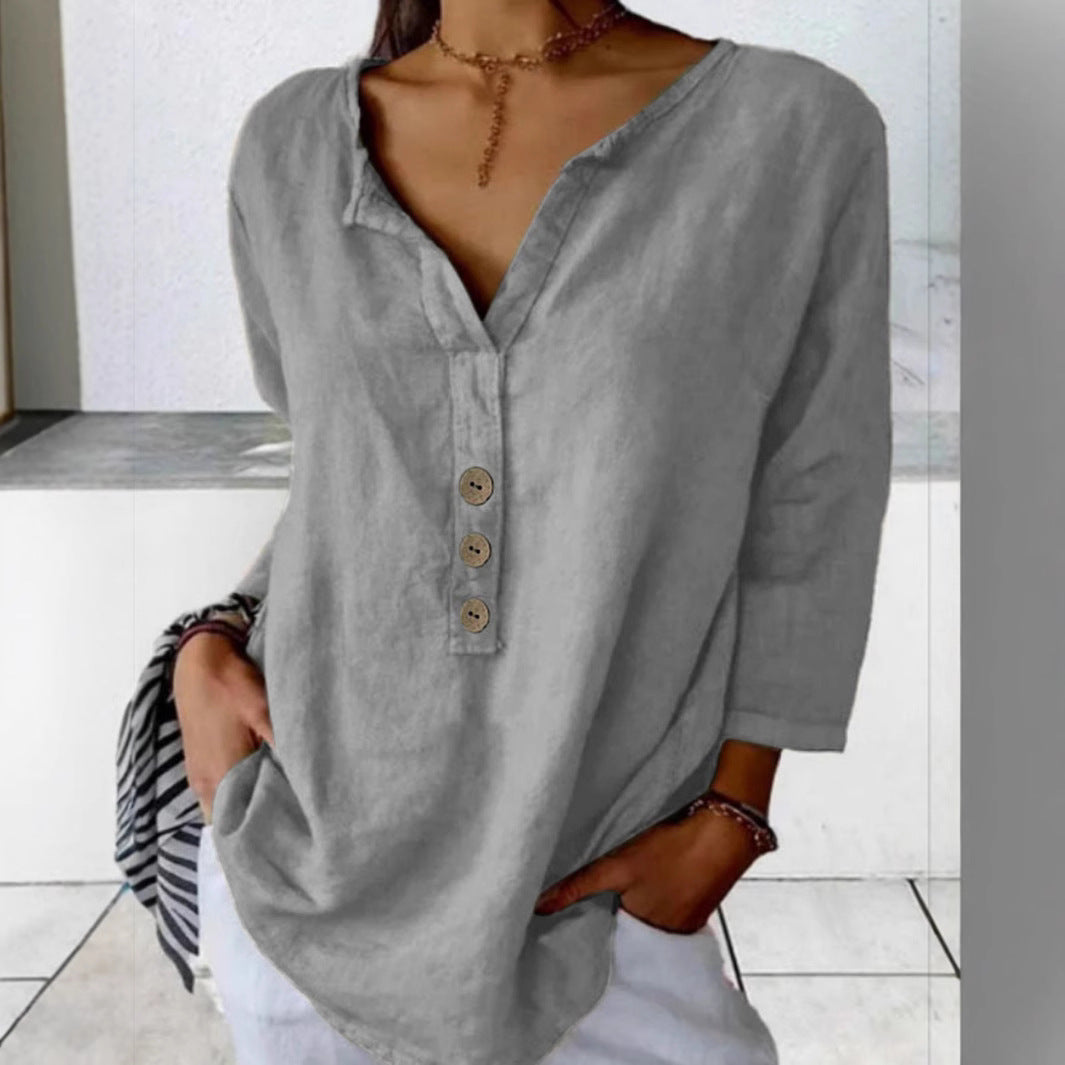 Fashion Ladies Solid Color Notched Collar Shirt Blouse