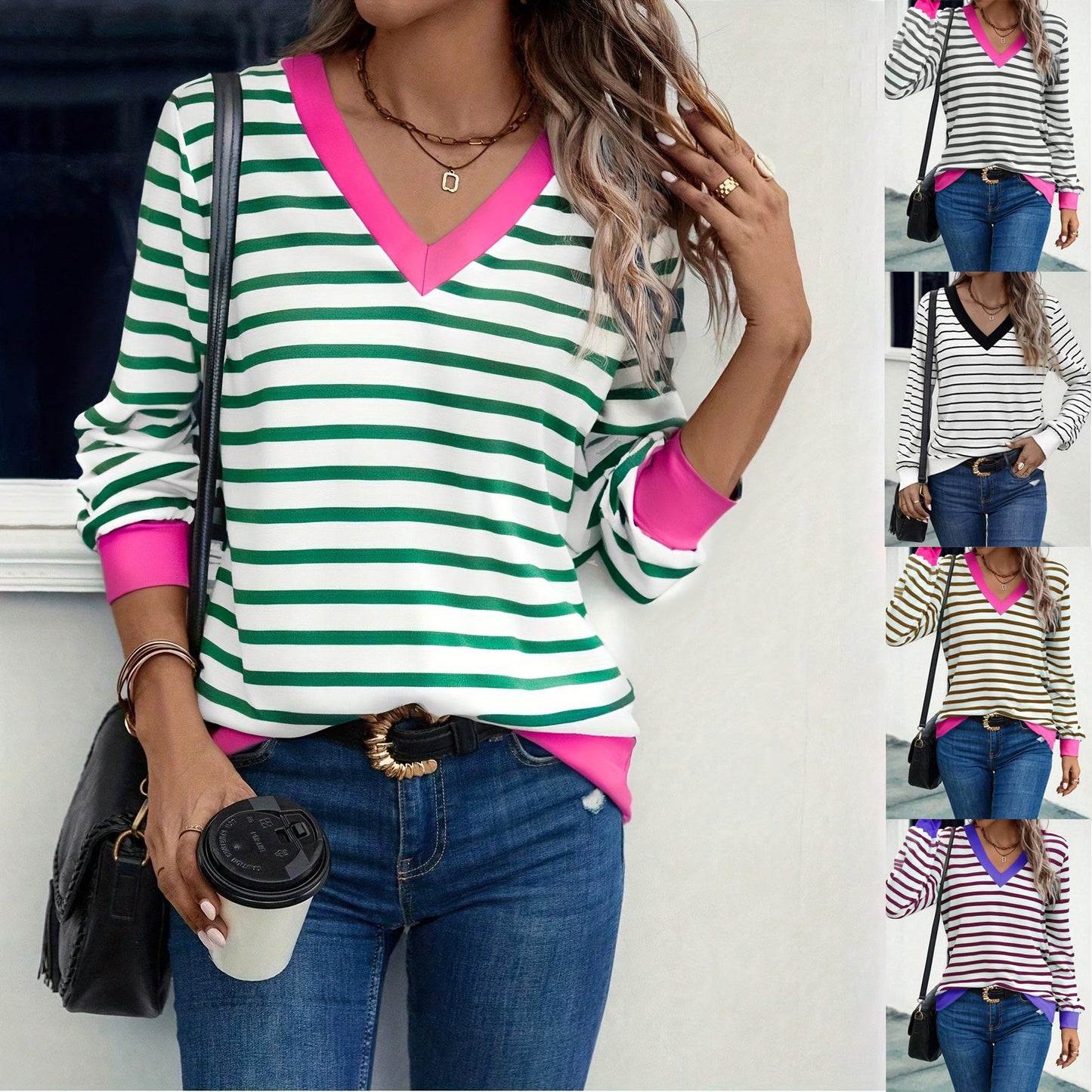 Women's Casual Striped V Neck Pullover Long Women's T-shirt