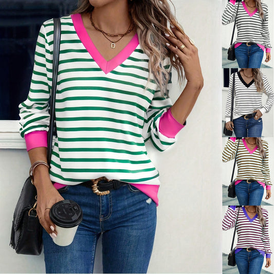 Women's Casual Striped V Neck Pullover Long Women's T-shirt