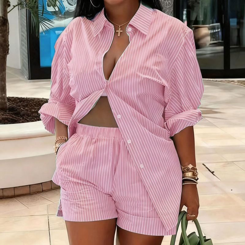 Women's Striped Shirt Outfit Loose Two-piece Set Fashion Casual Suit