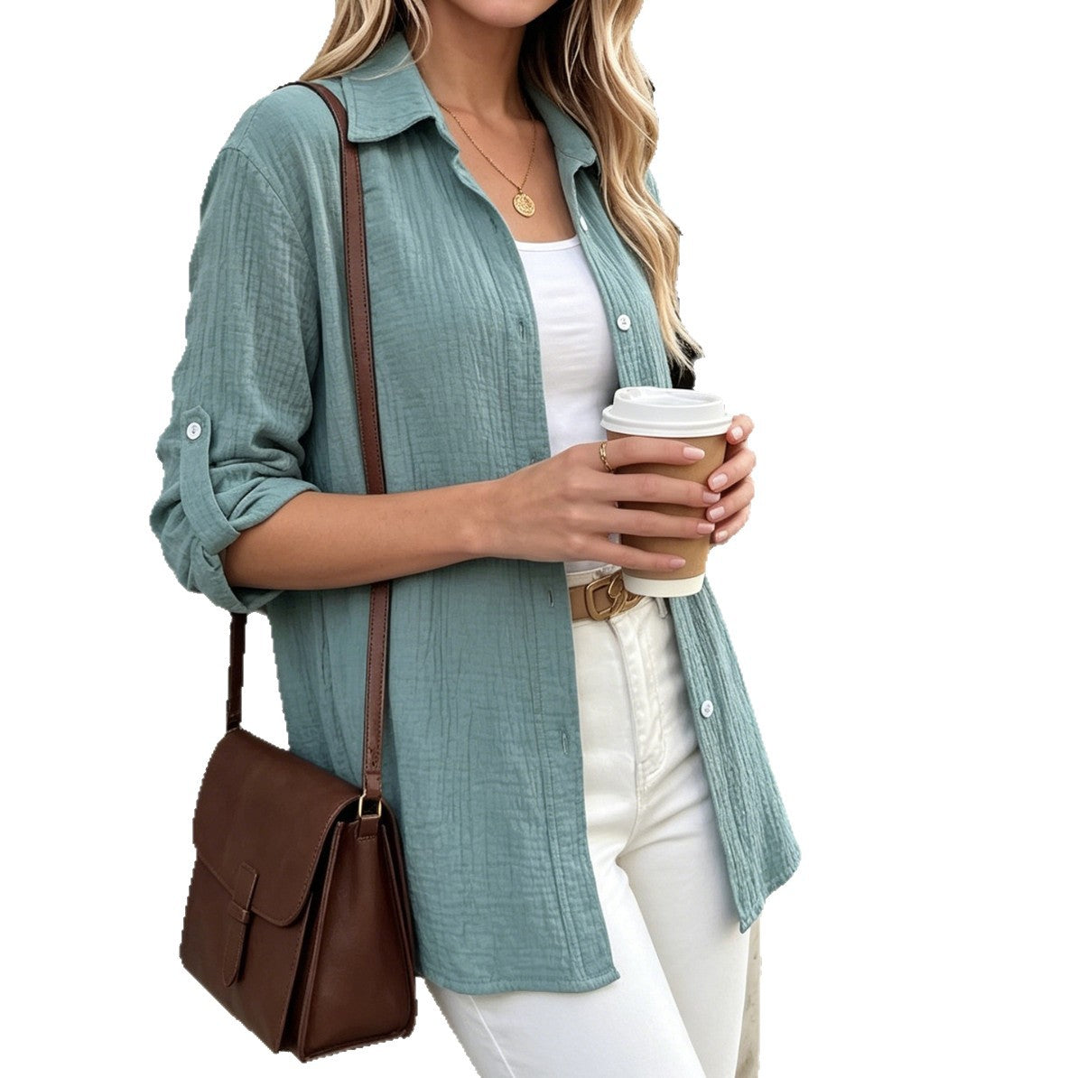 Long Sleeve Lapel Button Shirt Cuff Blouse