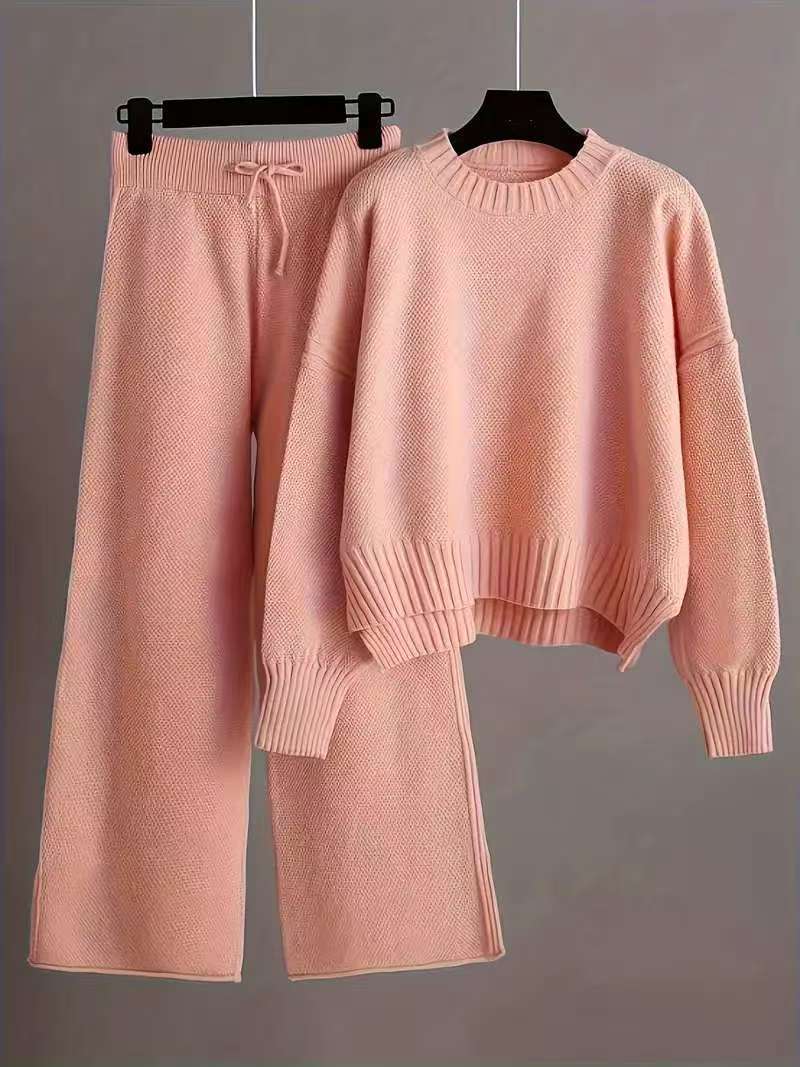 Women's Knitted Two-piece Crew Neck Pullover Straight Fashion Casual Suit