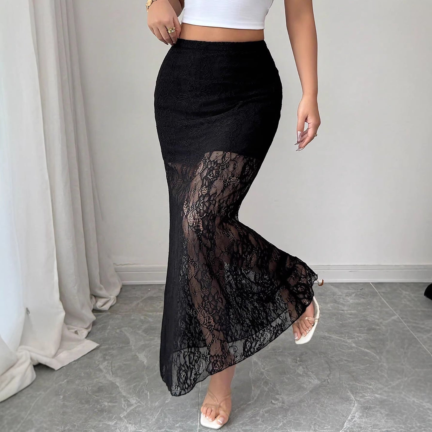 Women's Western Style Fashionable Black Lace Slimming Mop Dress Clothing