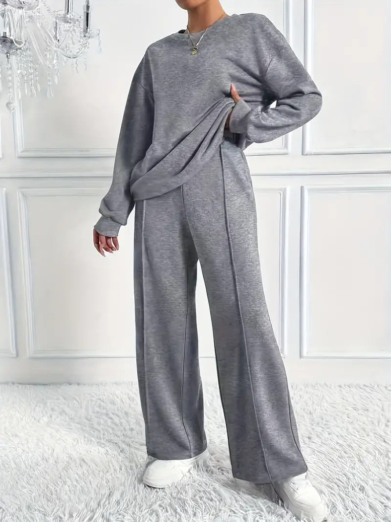 Women's Solid Color Round Neck Long-sleeved Trousers Fashion Casual Suit