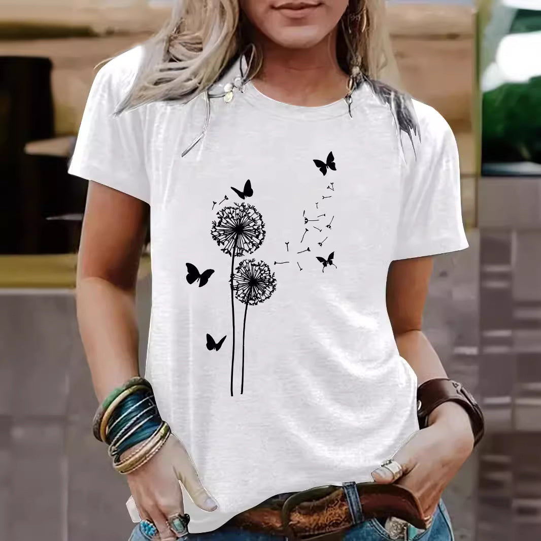Women's Dandelion Pattern Round Neck Sleeve Casual Shorts