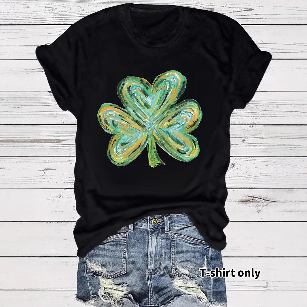 Women's Summer Green Clover Print Round Neck Clothing