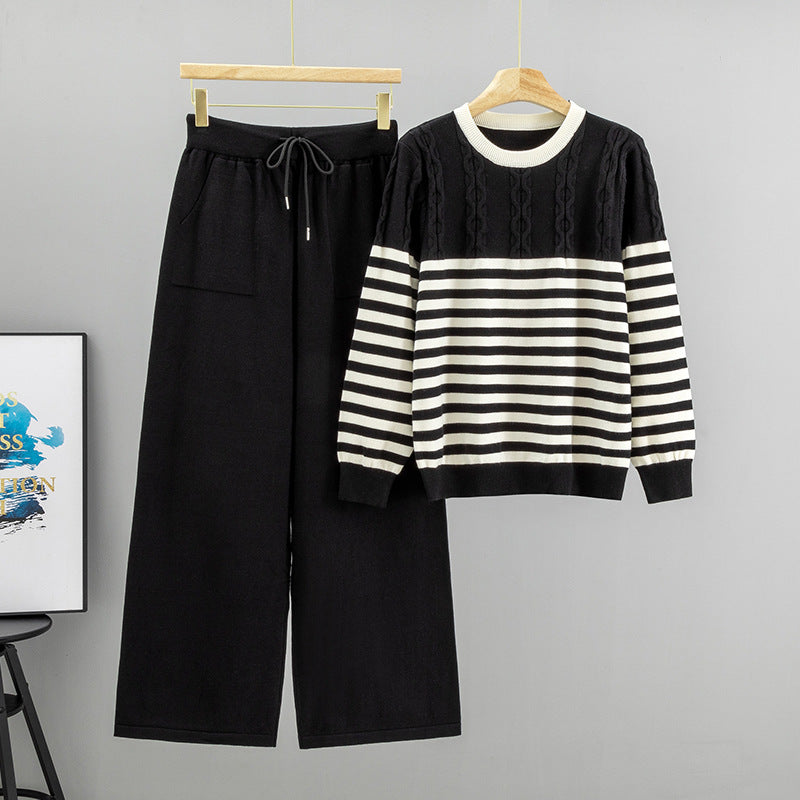 Women's Elegant Striped Pullover Cable Loose-fitting Wide Leg Pants