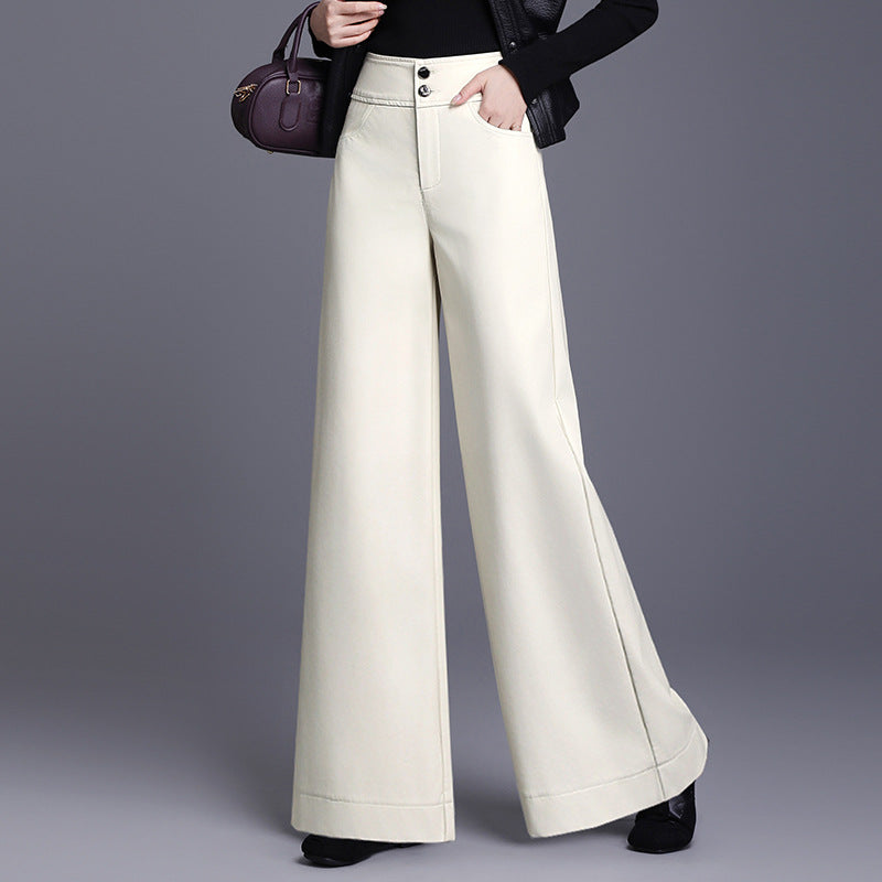 Women's Leather Fleece-lined Thickened High Waist Loose Casual Pants