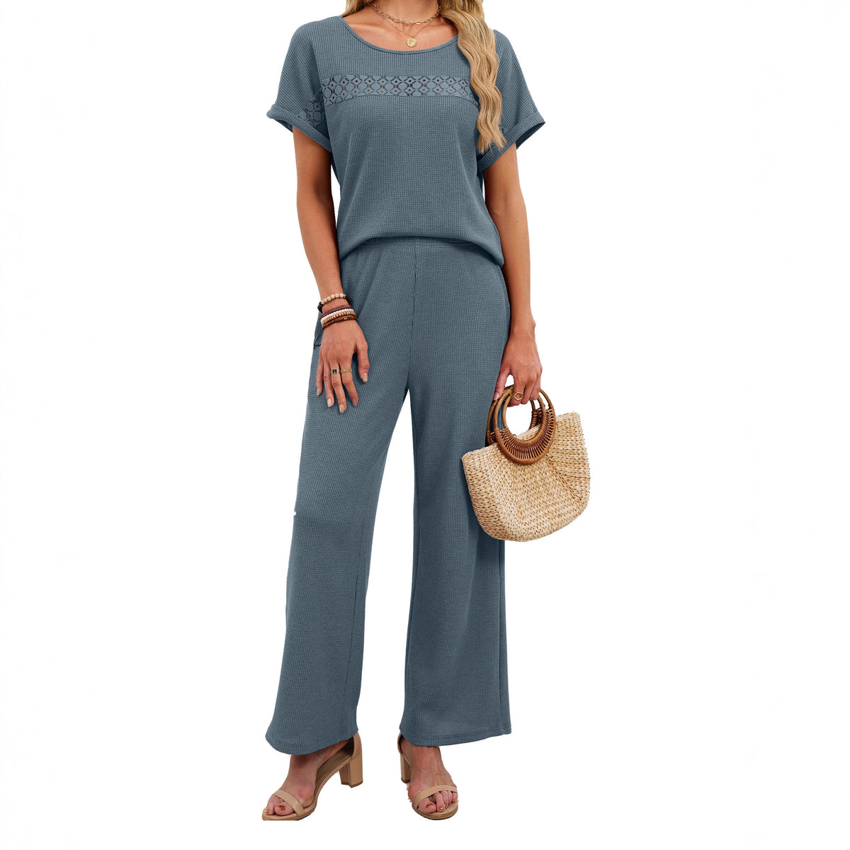 Women's Solid Color Round Neck Lace Ruffled Sleeves Fashion Casual Suit