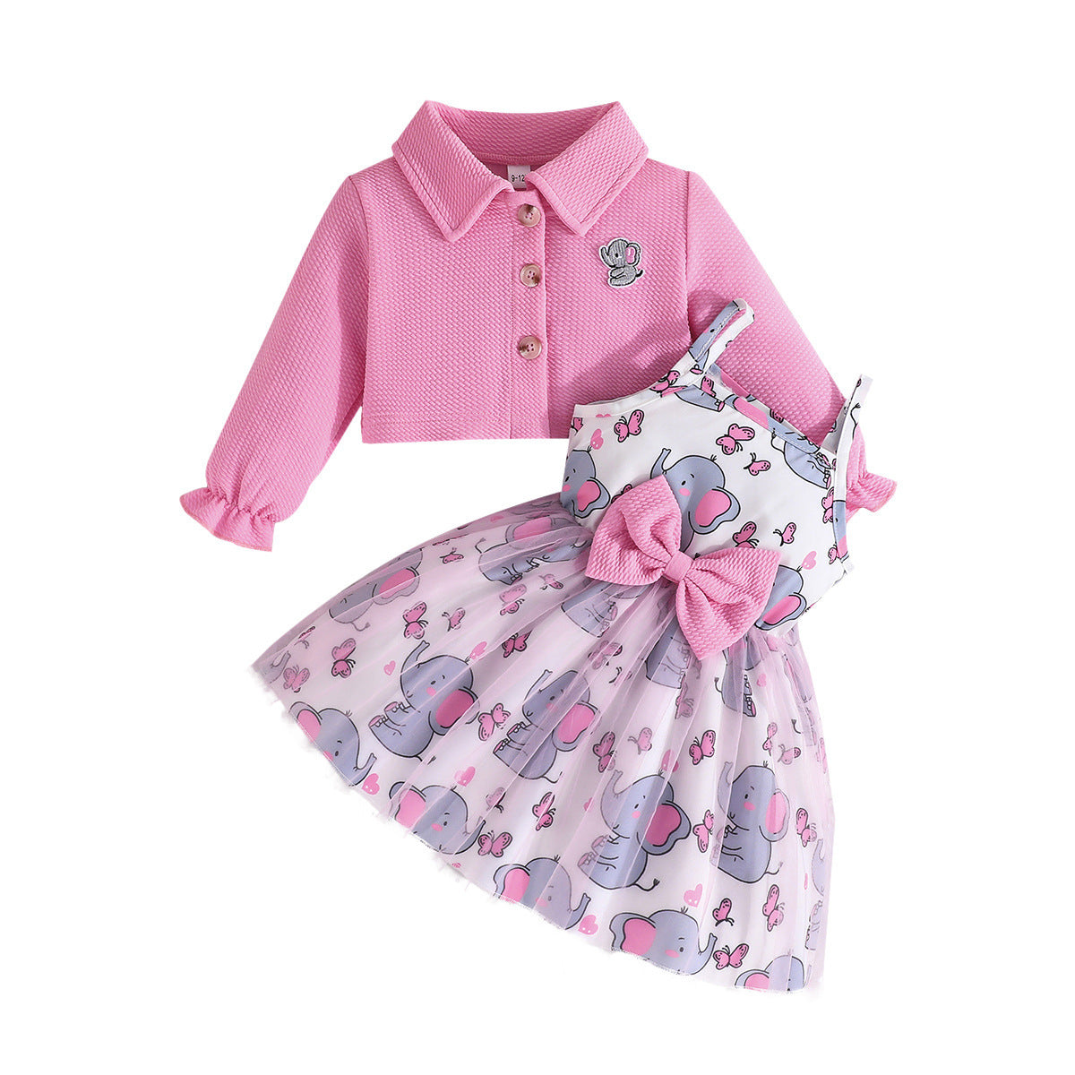 Set Long Sleeve Coat Animal Pattern Printed Bow Tulle Children's Dress