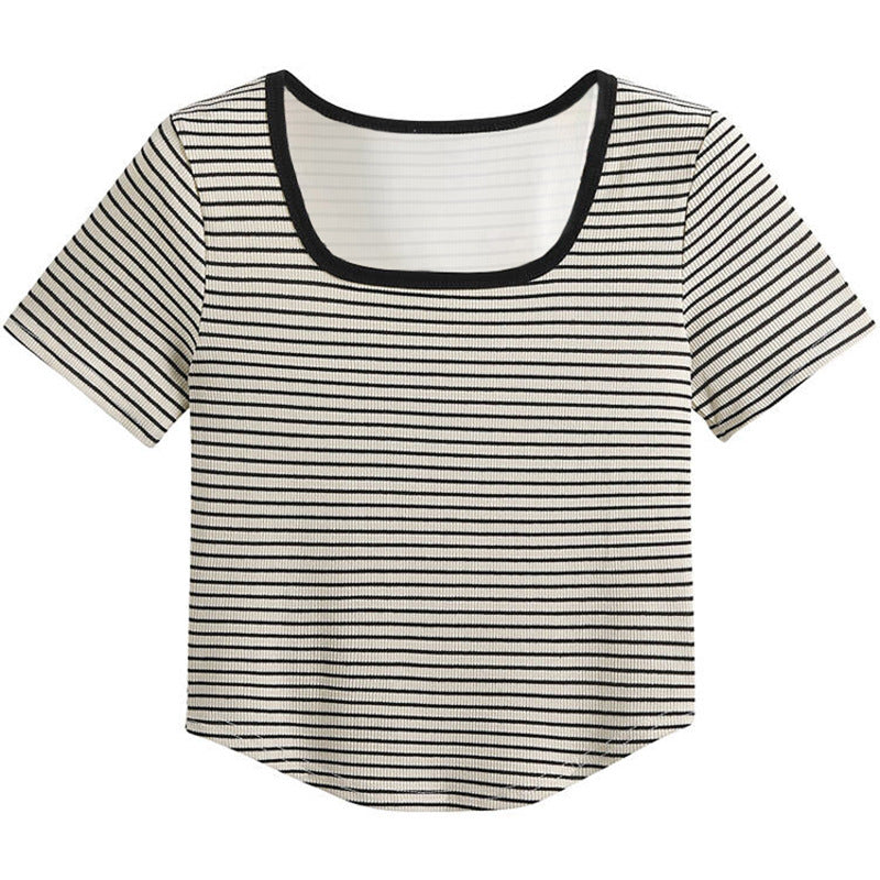Women's Square Collar Striped Short-sleeved Summer Slim Fit Women's T-shirt