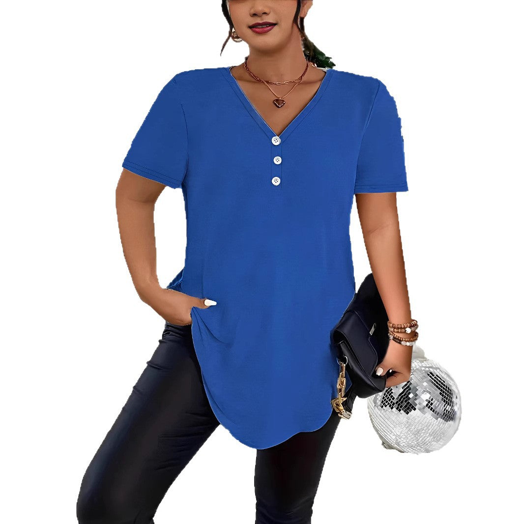 Women's Spring Fashion Solid Color Button Sleeve Women's T-shirt