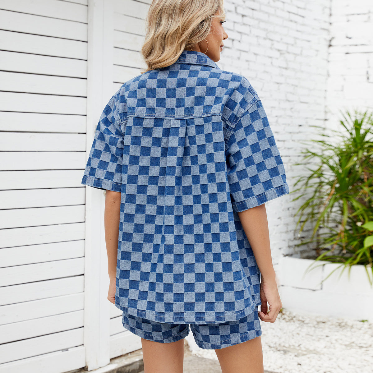 Women's Thin Washed Loose Denim Plaid Shirt Fashion Casual Suit