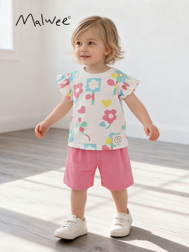 Summer Round Neck Short Sleeve Cute Little Two Children's Suit
